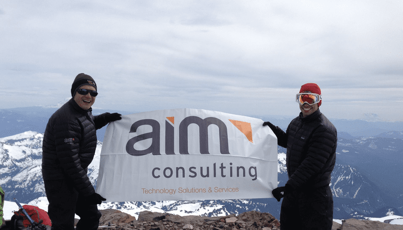 People holding a flag that says AIM consulting on top of a mountain