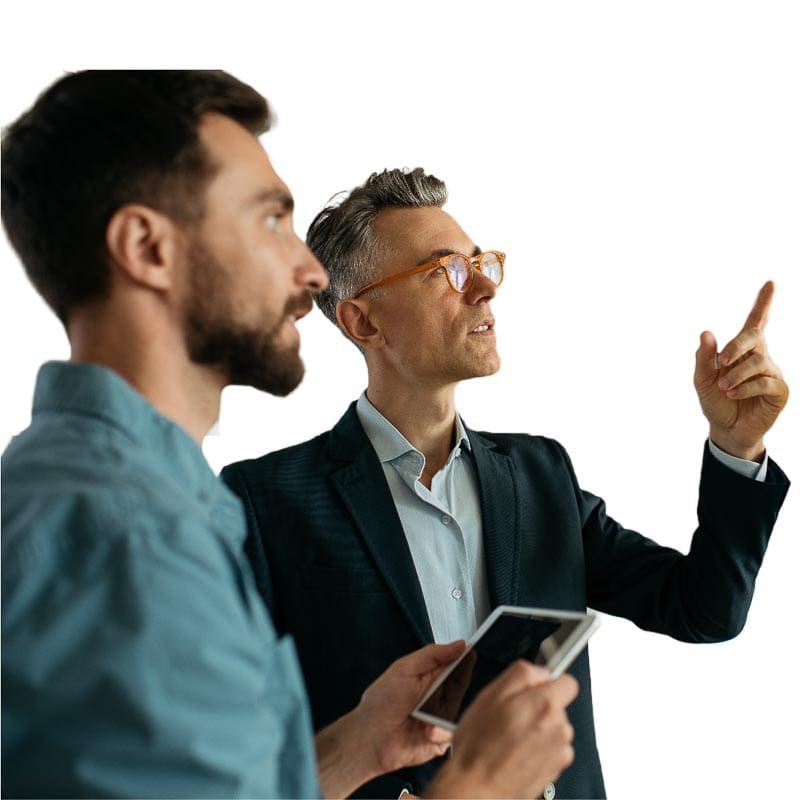 Two Office Workers Pointing at Wall-isolated