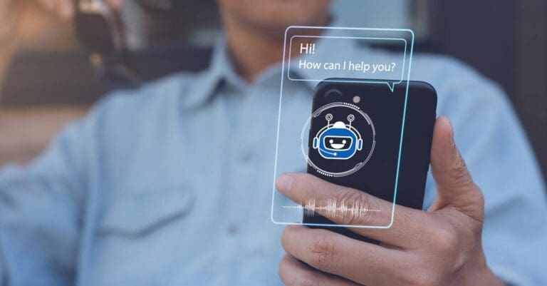Man holding phone interacting with chatbot artificial intelligence assistant