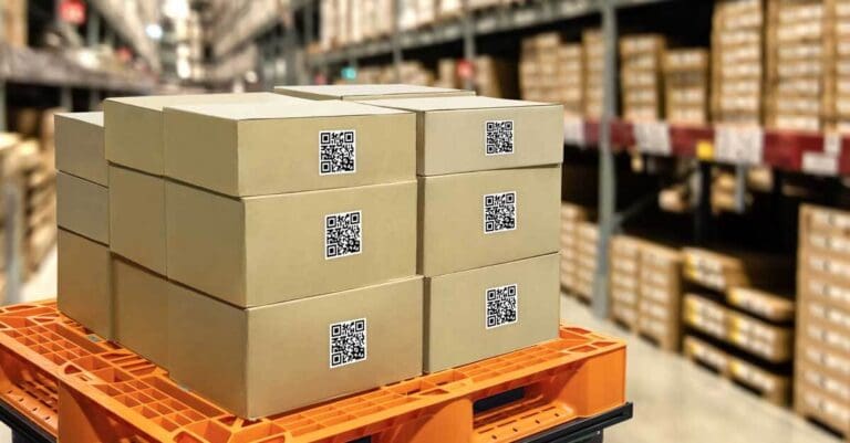 warehouse and inventory management supply chain technology concept. Group of boxes in storehouse can check product inside and order pick time.