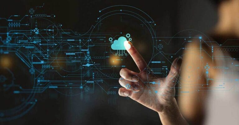 businesswoman hand pushing icon Ui of Cloud Computing Technology Internet Storage Network Concept